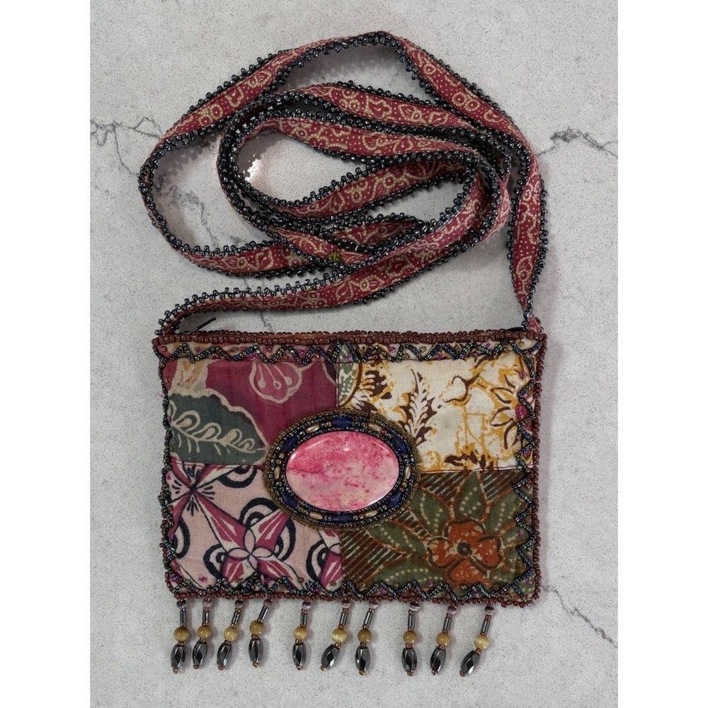 Vintage Indonesian Batik Patchwork Crossbody Bag Beaded Fringe Boho Stone Purse